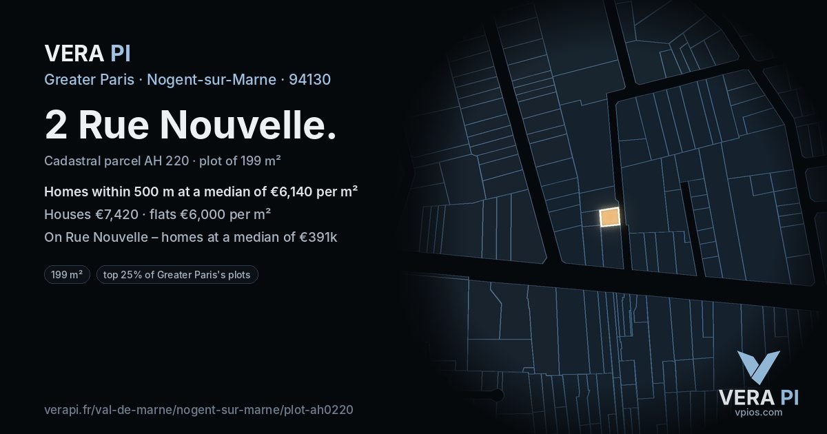 2 Rue Nouvelle, Nogent-sur-Marne at night – the plot lit, the parcels around coloured by the prices near them