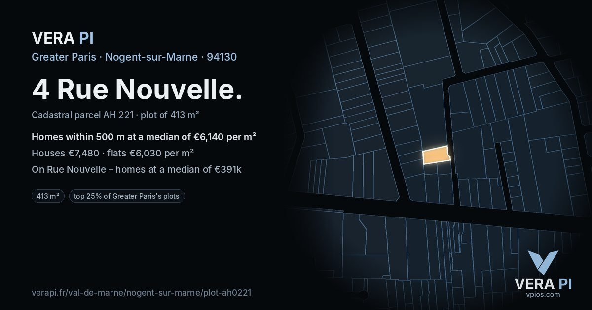 4 Rue Nouvelle, Nogent-sur-Marne at night – the plot lit, the parcels around coloured by the prices near them