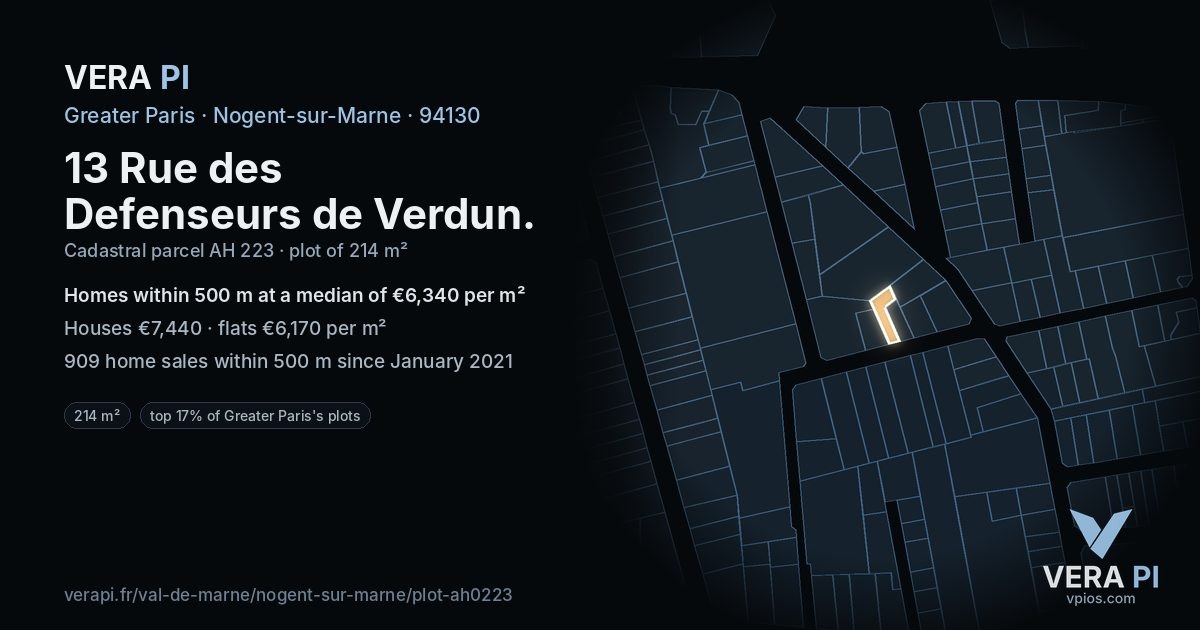 13 Rue des Defenseurs de Verdun, Nogent-sur-Marne at night – the plot lit, the parcels around coloured by the prices near them