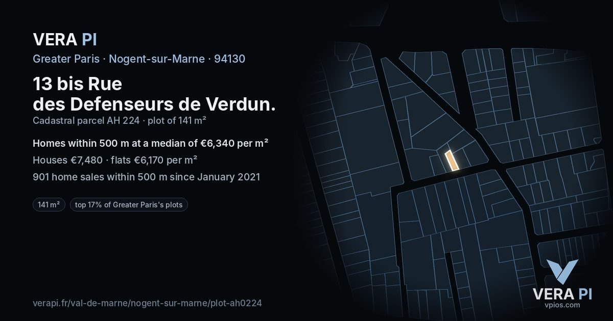 13 bis Rue des Defenseurs de Verdun, Nogent-sur-Marne at night – the plot lit, the parcels around coloured by the prices near them