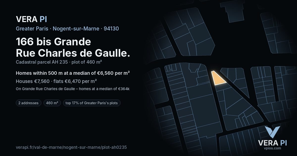 166 bis Grande Rue Charles de Gaulle, Nogent-sur-Marne at night – the plot lit, the parcels around coloured by the prices near them