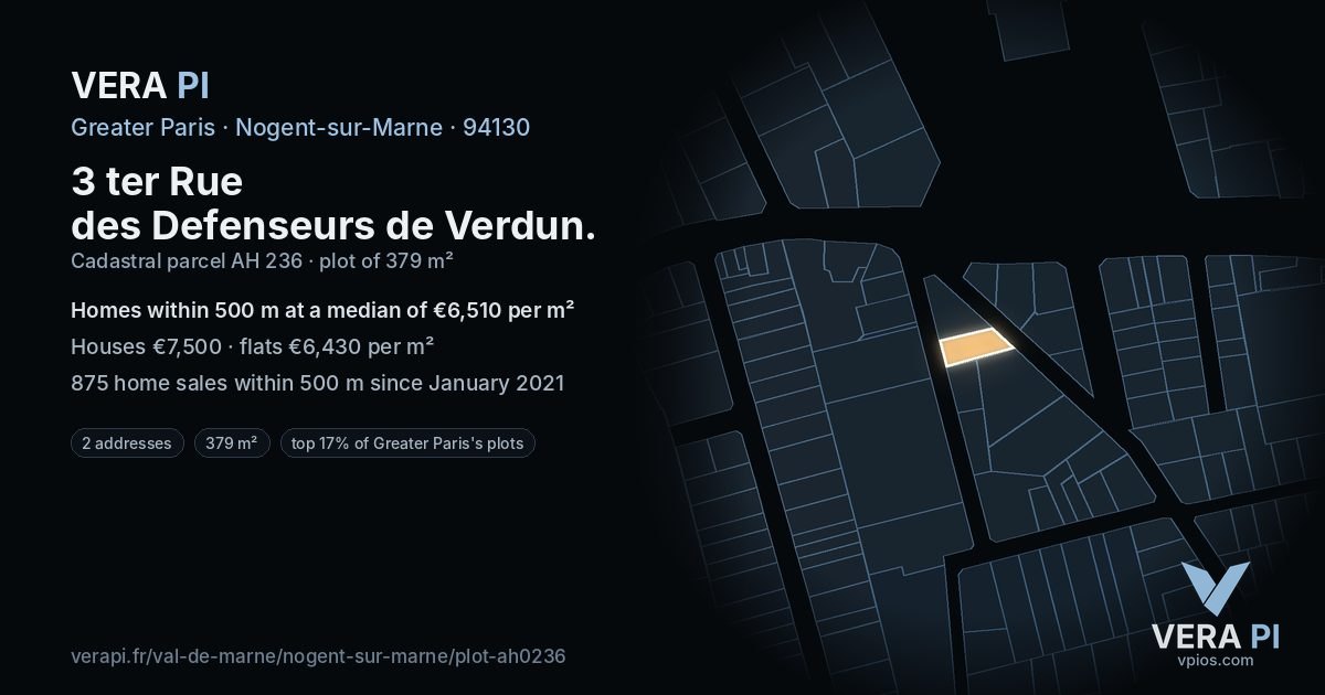 3 ter Rue des Defenseurs de Verdun, Nogent-sur-Marne at night – the plot lit, the parcels around coloured by the prices near them