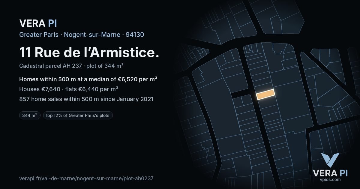 11 Rue de l’Armistice, Nogent-sur-Marne at night – the plot lit, the parcels around coloured by the prices near them