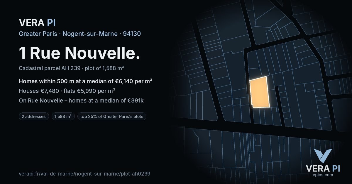 1 Rue Nouvelle, Nogent-sur-Marne at night – the plot lit, the parcels around coloured by the prices near them