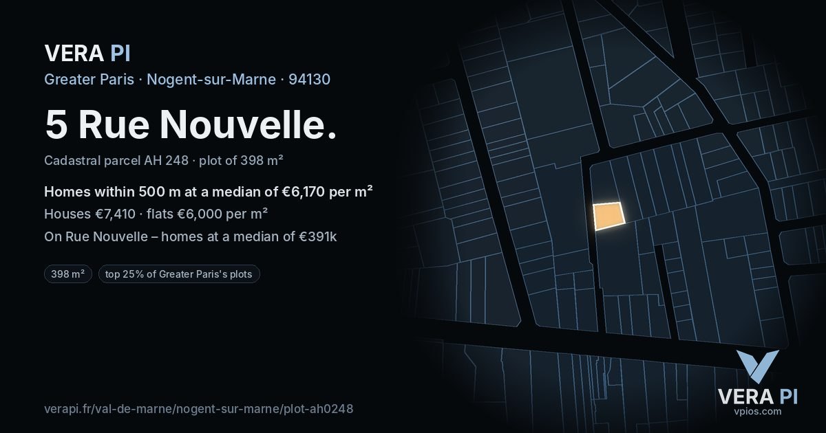 5 Rue Nouvelle, Nogent-sur-Marne at night – the plot lit, the parcels around coloured by the prices near them