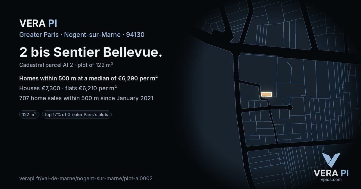 2 bis Sentier Bellevue, Nogent-sur-Marne at night – the plot lit, the parcels around coloured by the prices near them