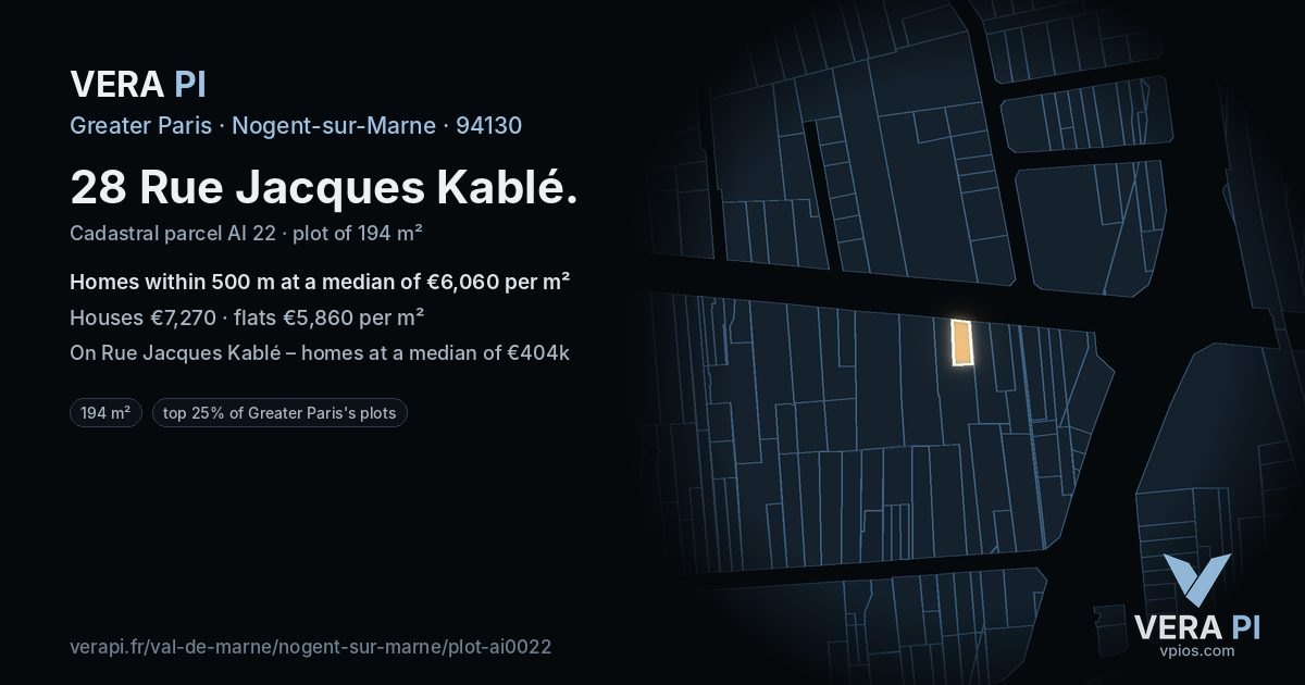 28 Rue Jacques Kablé, Nogent-sur-Marne at night – the plot lit, the parcels around coloured by the prices near them