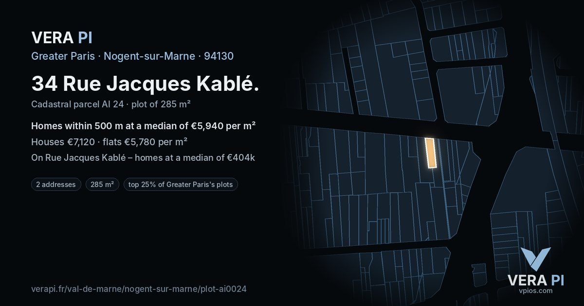 34 Rue Jacques Kablé, Nogent-sur-Marne at night – the plot lit, the parcels around coloured by the prices near them