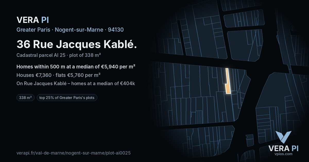 36 Rue Jacques Kablé, Nogent-sur-Marne at night – the plot lit, the parcels around coloured by the prices near them
