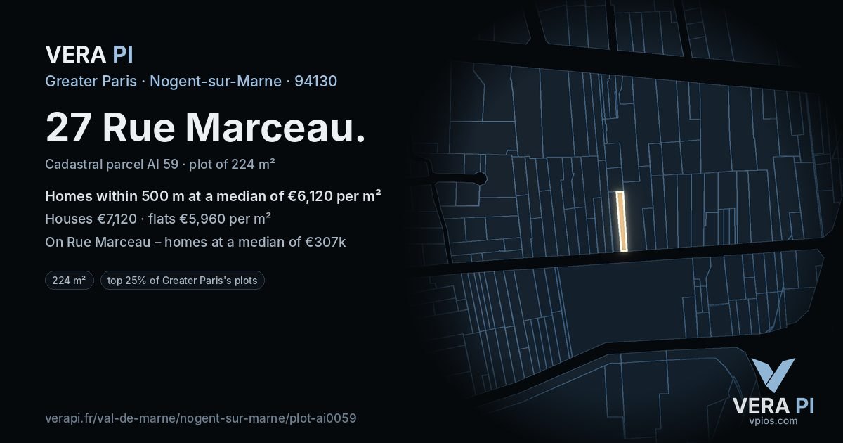 27 Rue Marceau, Nogent-sur-Marne at night – the plot lit, the parcels around coloured by the prices near them