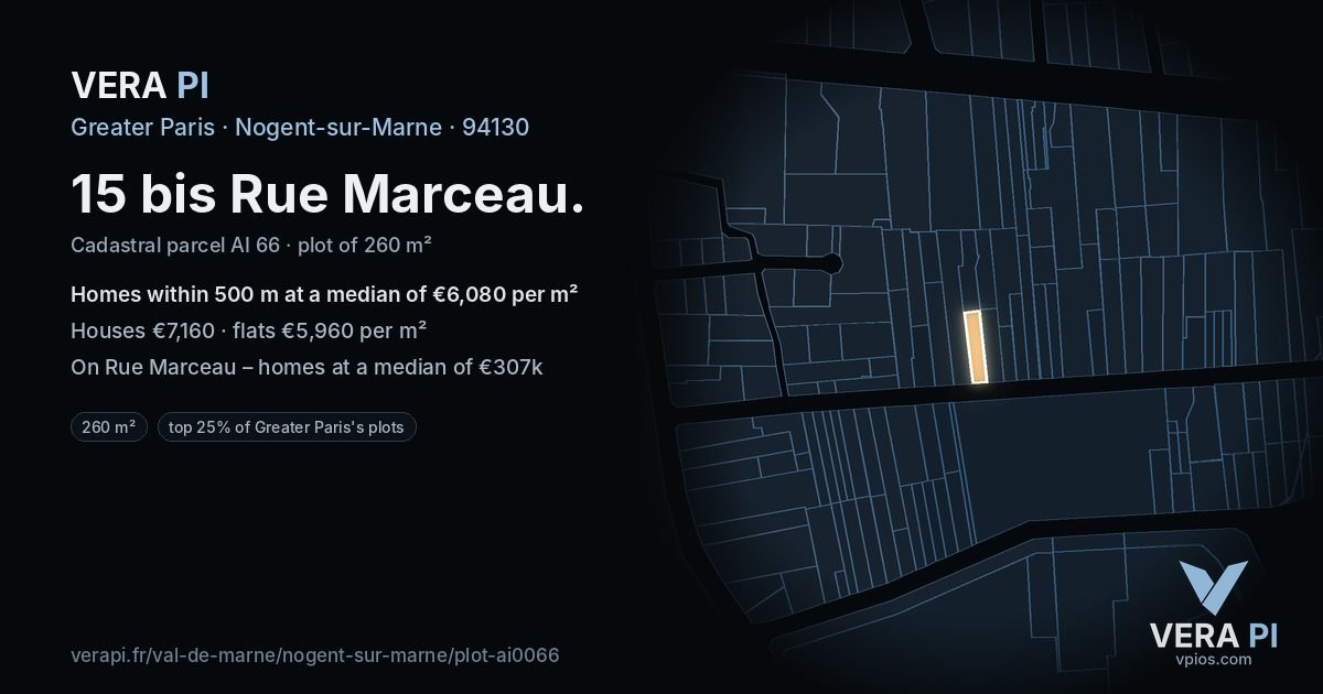 15 bis Rue Marceau, Nogent-sur-Marne at night – the plot lit, the parcels around coloured by the prices near them