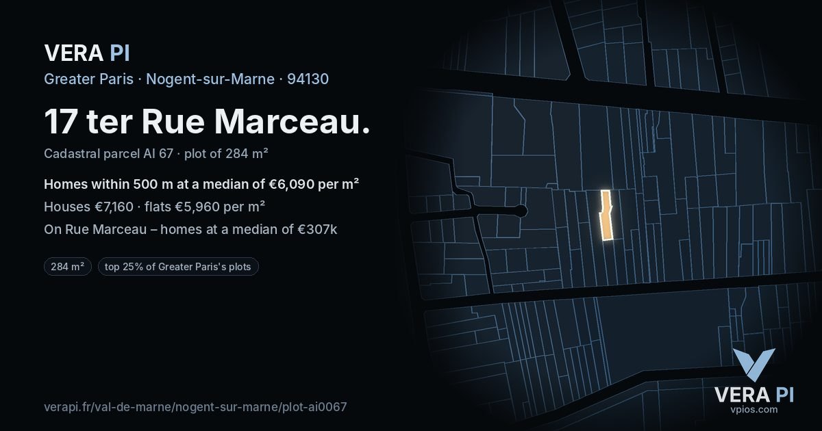 17 ter Rue Marceau, Nogent-sur-Marne at night – the plot lit, the parcels around coloured by the prices near them