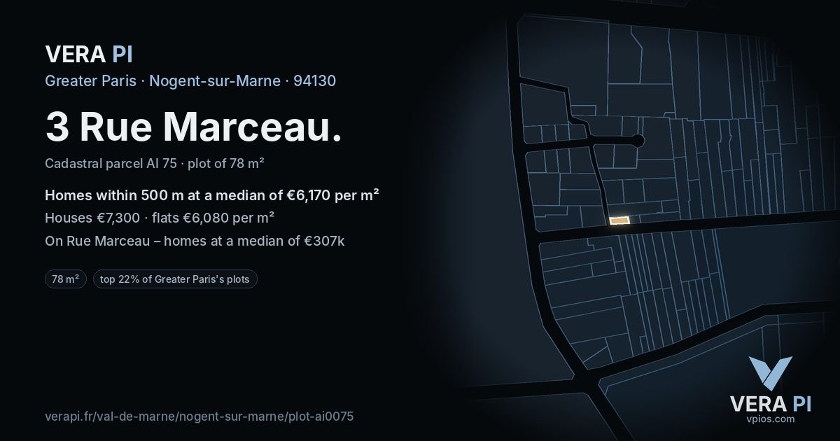3 Rue Marceau, Nogent-sur-Marne at night – the plot lit, the parcels around coloured by the prices near them