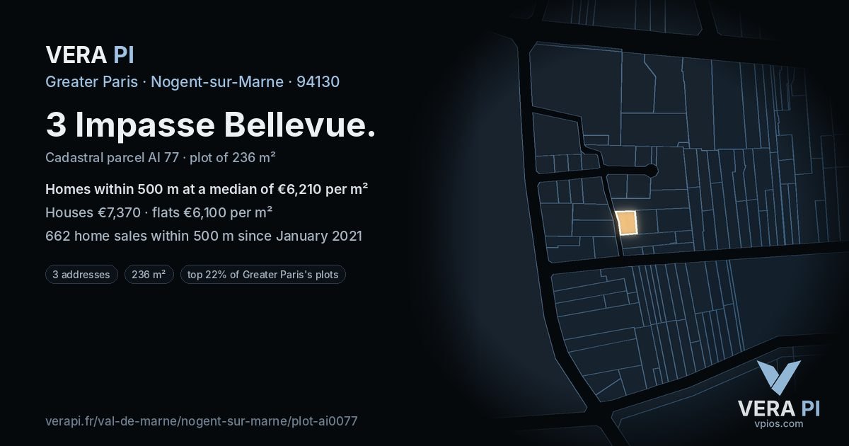 3 Impasse Bellevue, Nogent-sur-Marne at night – the plot lit, the parcels around coloured by the prices near them