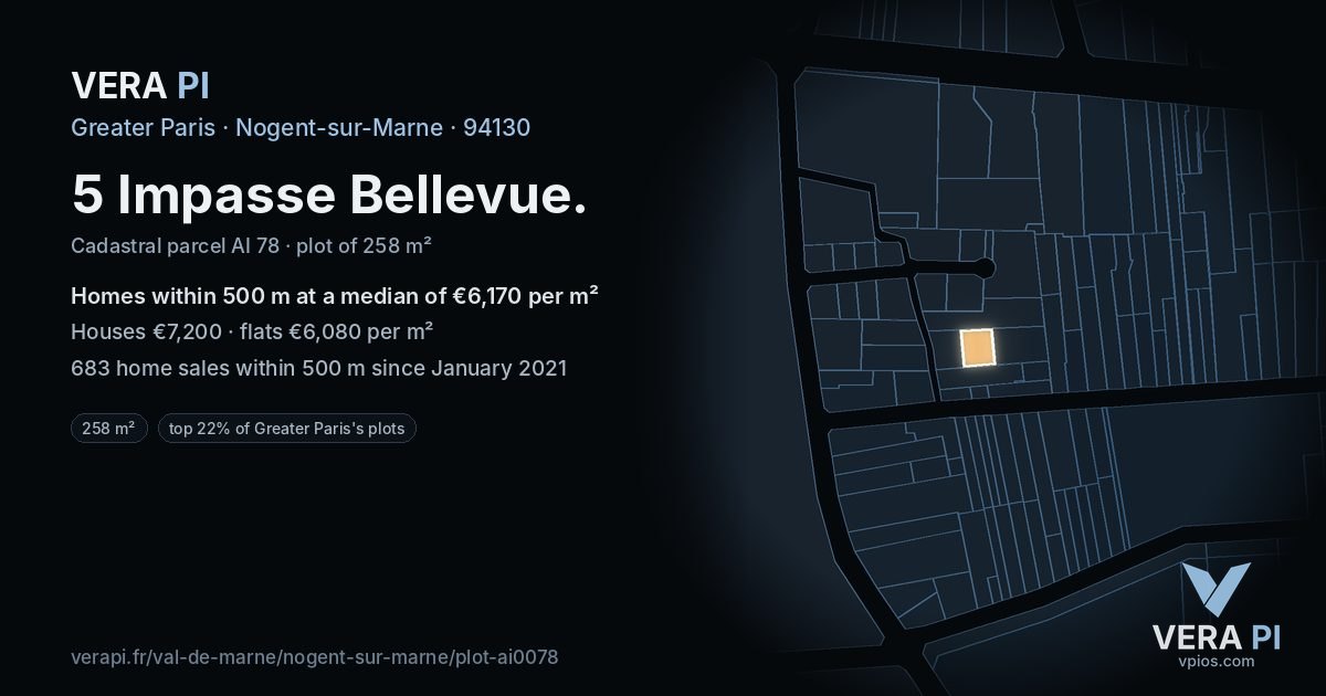 5 Impasse Bellevue, Nogent-sur-Marne at night – the plot lit, the parcels around coloured by the prices near them