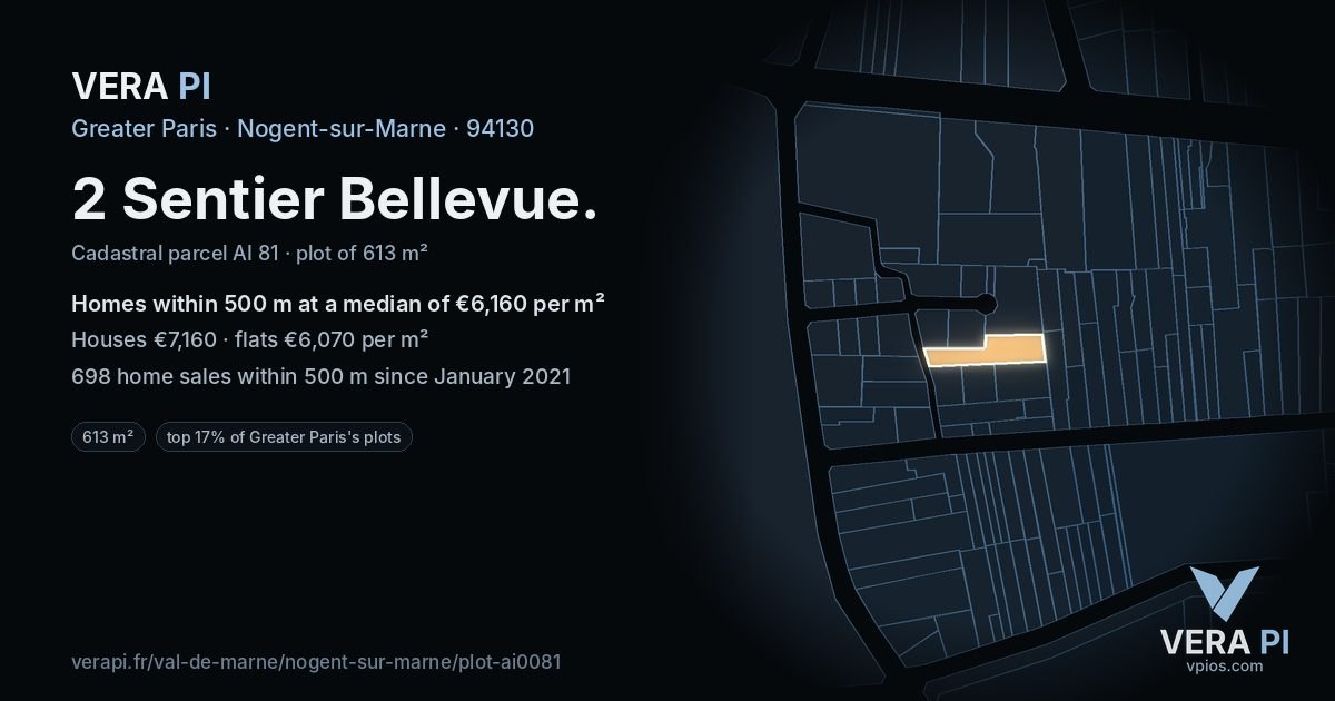 2 Sentier Bellevue, Nogent-sur-Marne at night – the plot lit, the parcels around coloured by the prices near them
