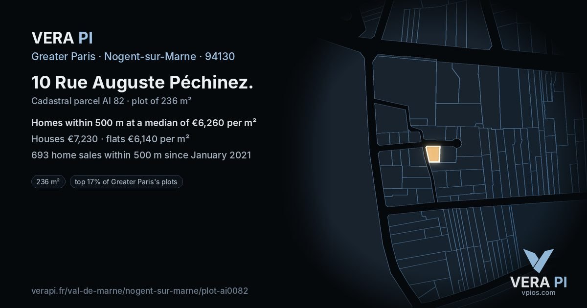 10 Rue Auguste Péchinez, Nogent-sur-Marne at night – the plot lit, the parcels around coloured by the prices near them