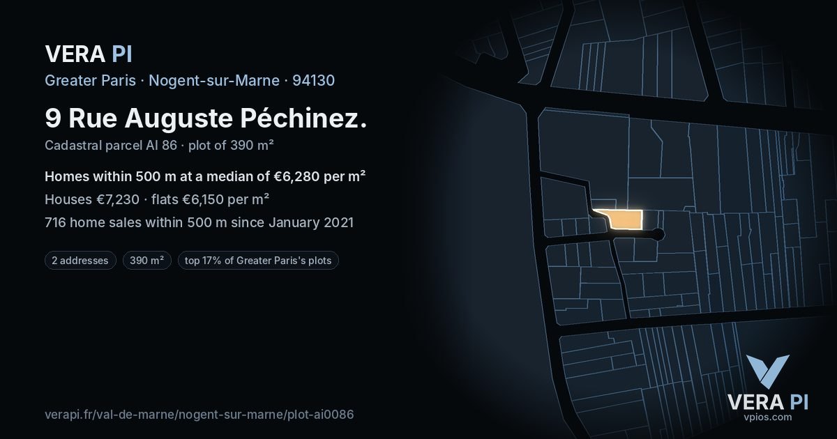 9 Rue Auguste Péchinez, Nogent-sur-Marne at night – the plot lit, the parcels around coloured by the prices near them