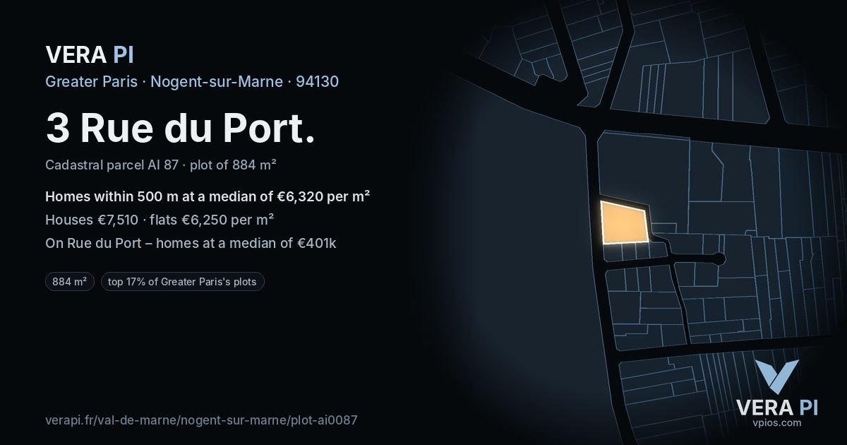 3 Rue du Port, Nogent-sur-Marne at night – the plot lit, the parcels around coloured by the prices near them