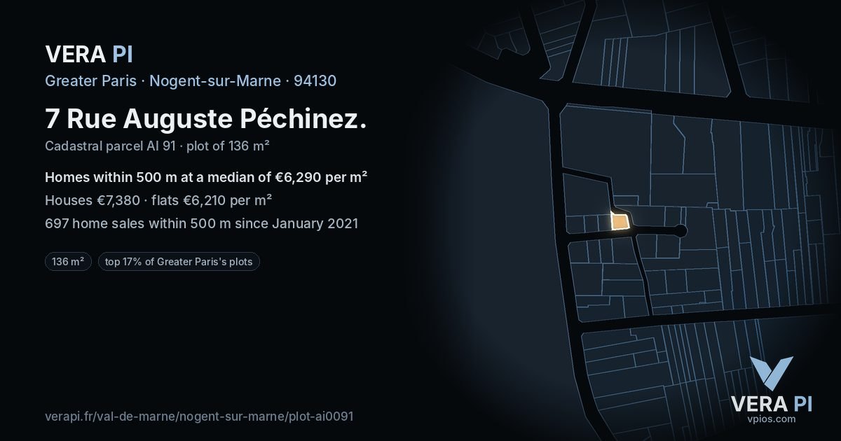 7 Rue Auguste Péchinez, Nogent-sur-Marne at night – the plot lit, the parcels around coloured by the prices near them