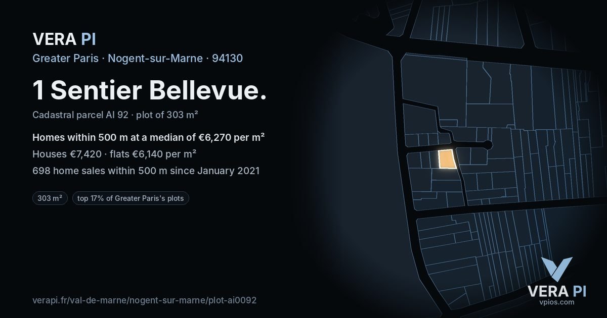 1 Sentier Bellevue, Nogent-sur-Marne at night – the plot lit, the parcels around coloured by the prices near them