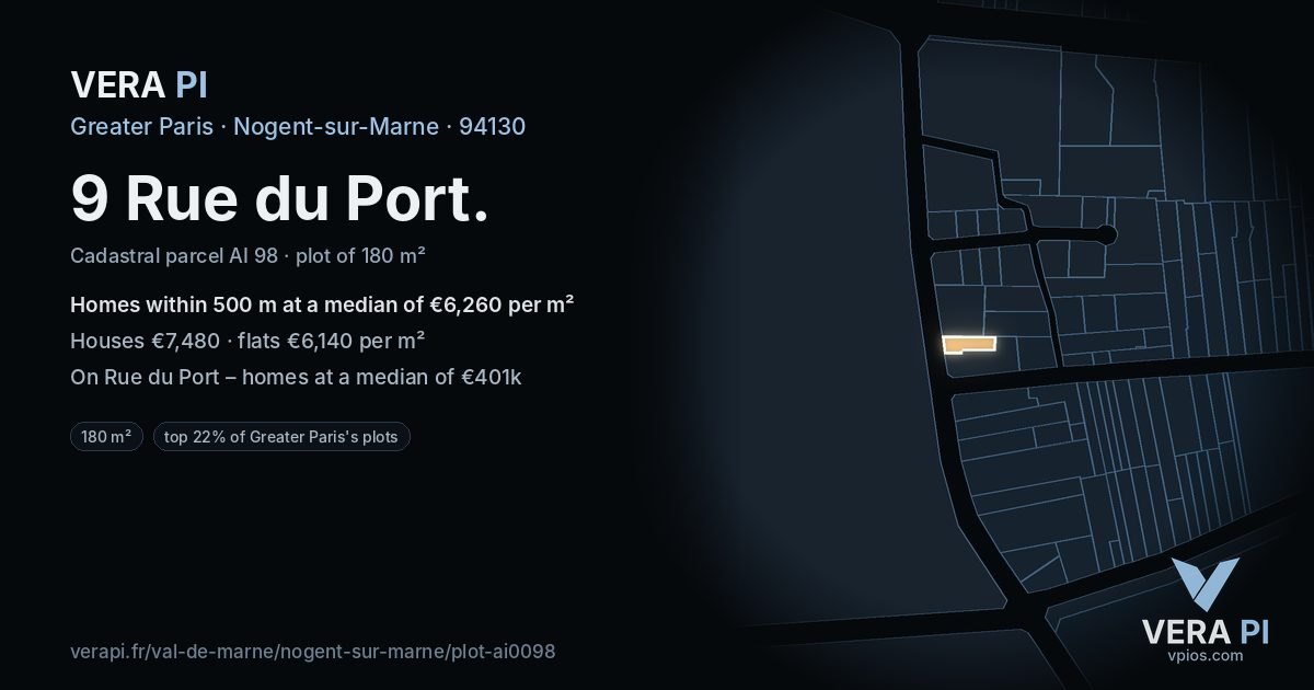 9 Rue du Port, Nogent-sur-Marne at night – the plot lit, the parcels around coloured by the prices near them