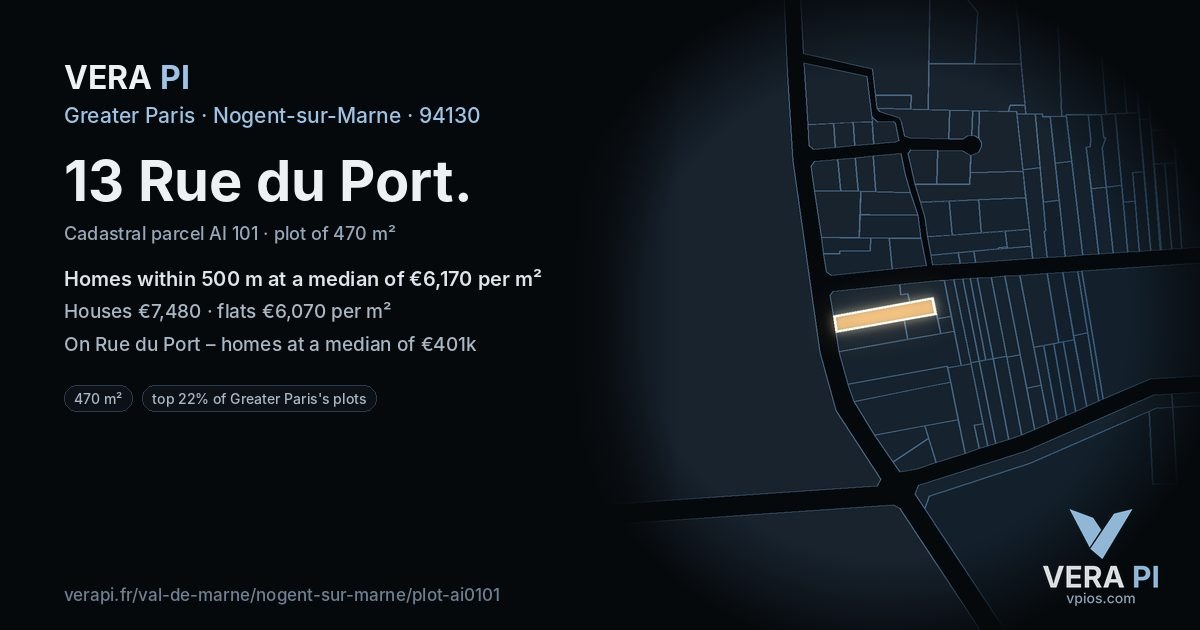 13 Rue du Port, Nogent-sur-Marne at night – the plot lit, the parcels around coloured by the prices near them