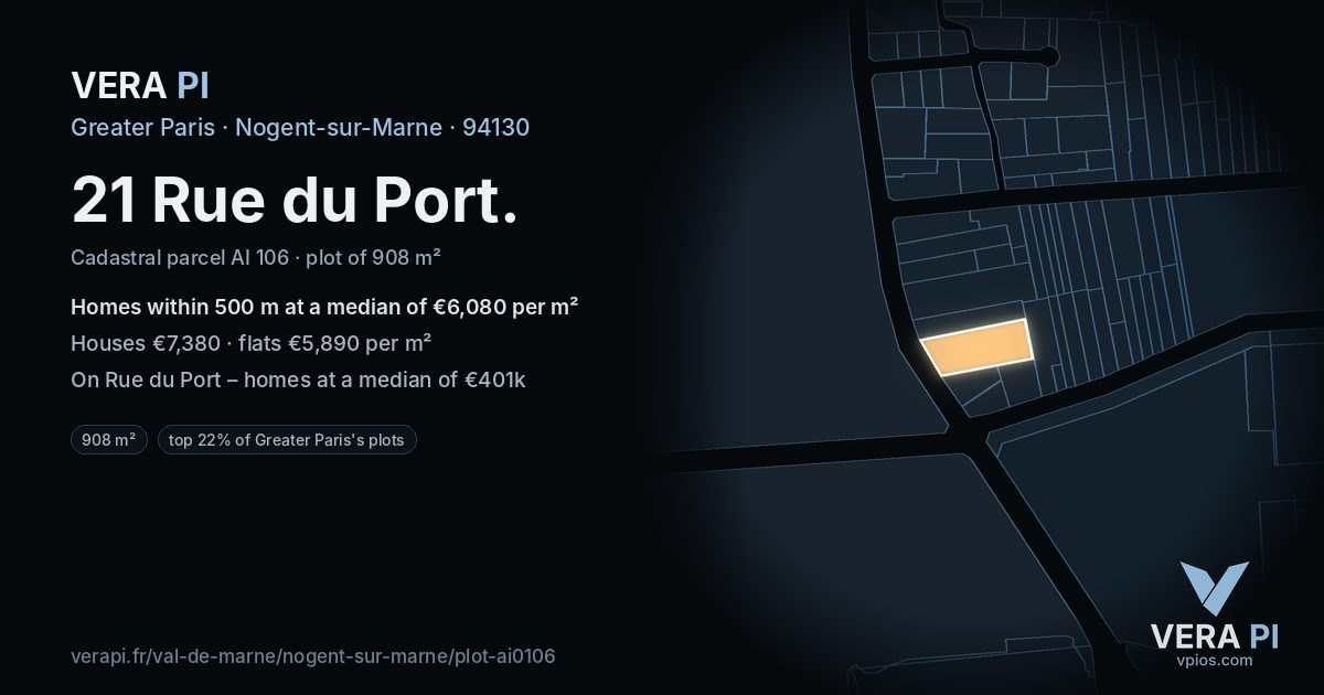 21 Rue du Port, Nogent-sur-Marne at night – the plot lit, the parcels around coloured by the prices near them