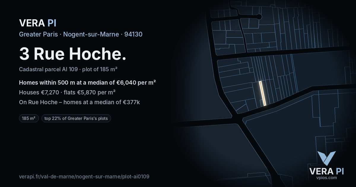 3 Rue Hoche, Nogent-sur-Marne at night – the plot lit, the parcels around coloured by the prices near them