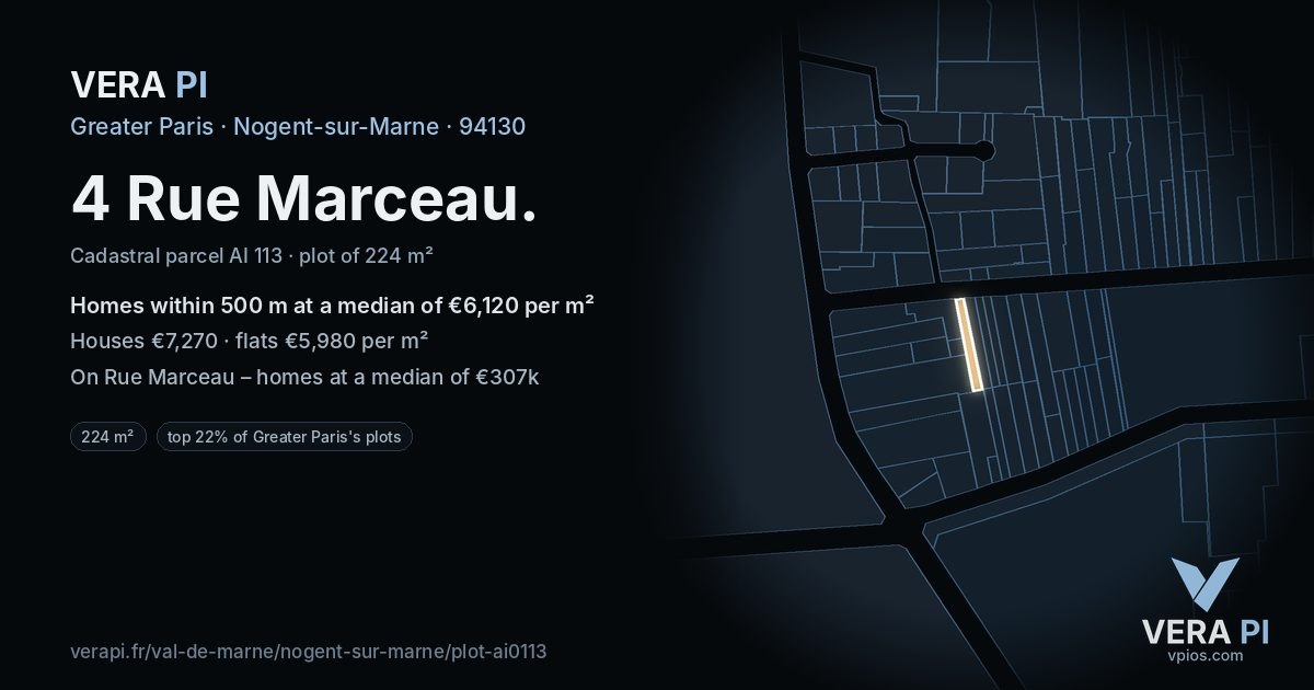 4 Rue Marceau, Nogent-sur-Marne at night – the plot lit, the parcels around coloured by the prices near them