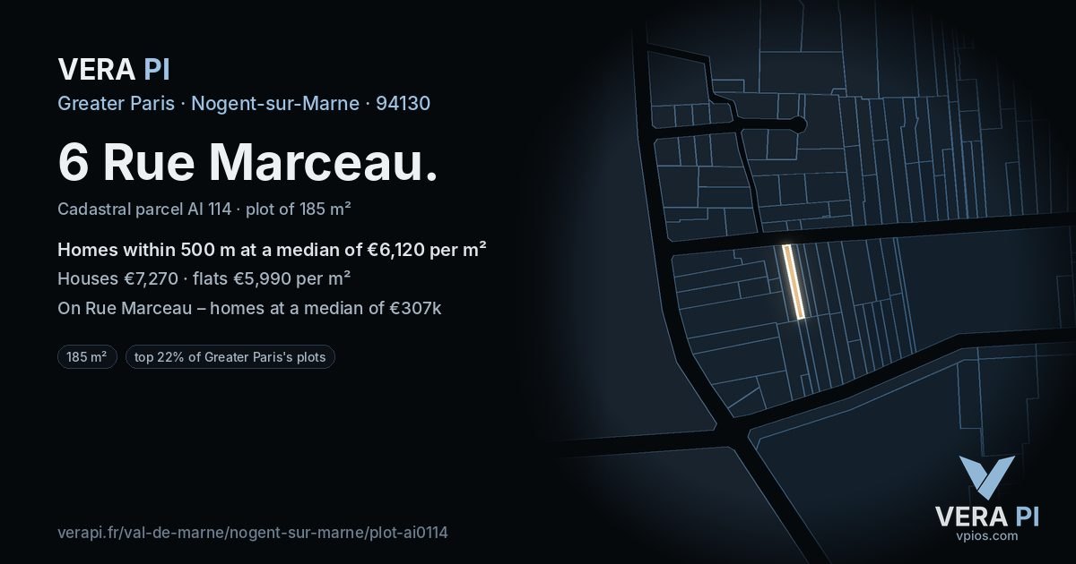 6 Rue Marceau, Nogent-sur-Marne at night – the plot lit, the parcels around coloured by the prices near them