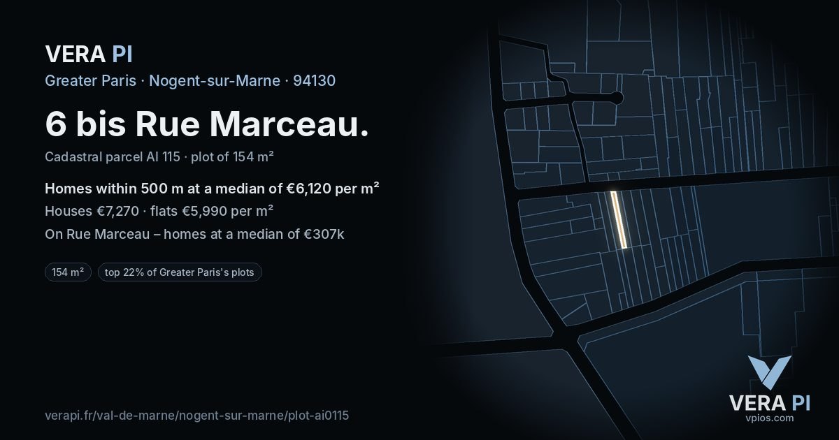 6 bis Rue Marceau, Nogent-sur-Marne at night – the plot lit, the parcels around coloured by the prices near them