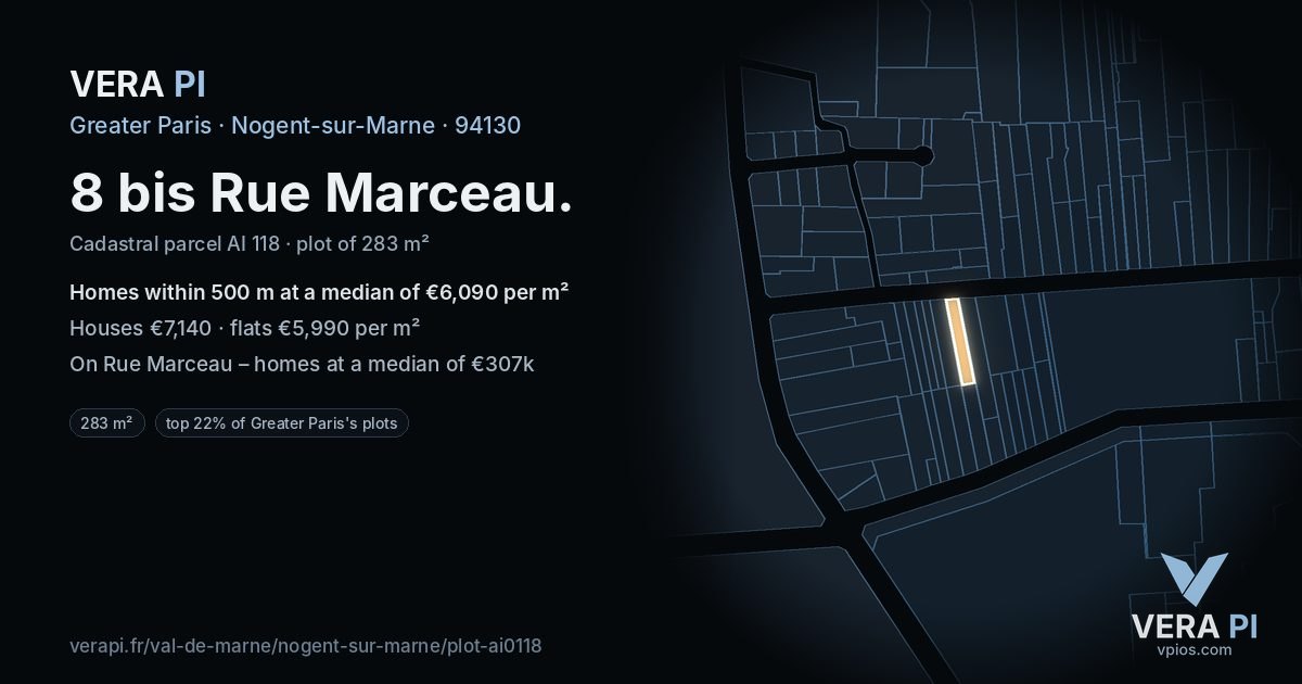 8 bis Rue Marceau, Nogent-sur-Marne at night – the plot lit, the parcels around coloured by the prices near them