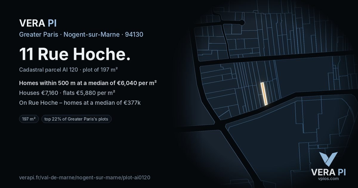 11 Rue Hoche, Nogent-sur-Marne at night – the plot lit, the parcels around coloured by the prices near them