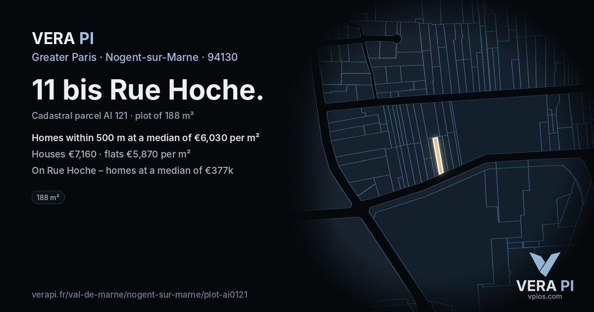 11 bis Rue Hoche, Nogent-sur-Marne at night – the plot lit, the parcels around coloured by the prices near them