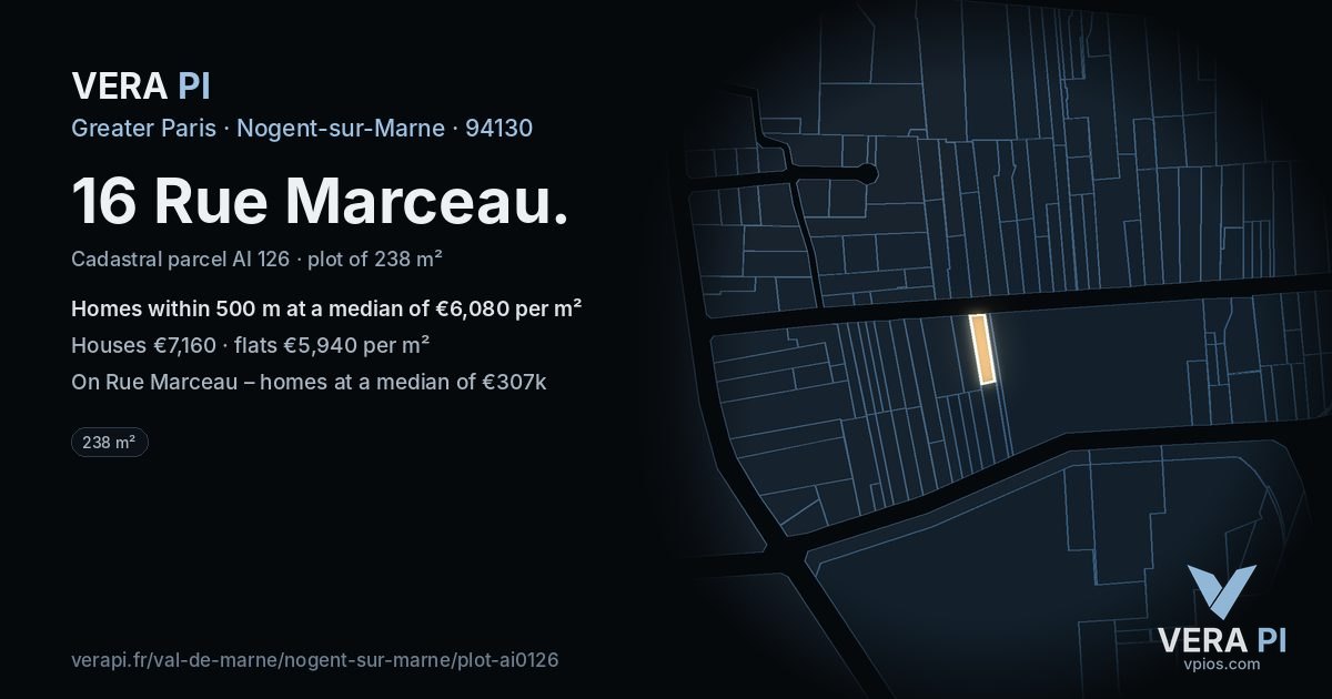 16 Rue Marceau, Nogent-sur-Marne at night – the plot lit, the parcels around coloured by the prices near them