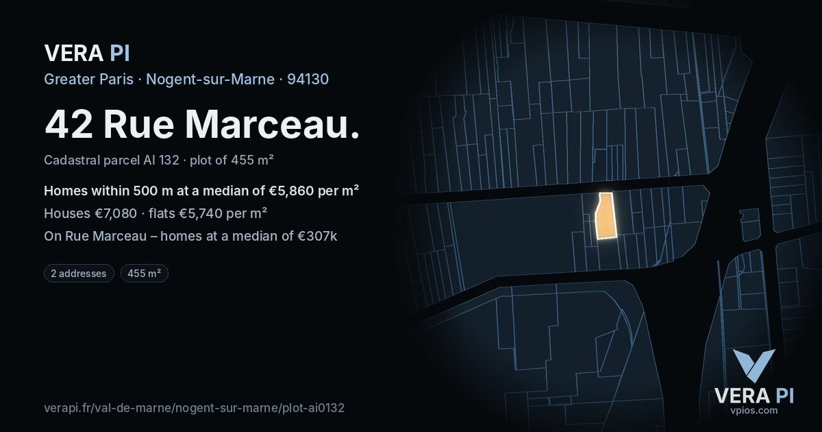 42 Rue Marceau, Nogent-sur-Marne at night – the plot lit, the parcels around coloured by the prices near them