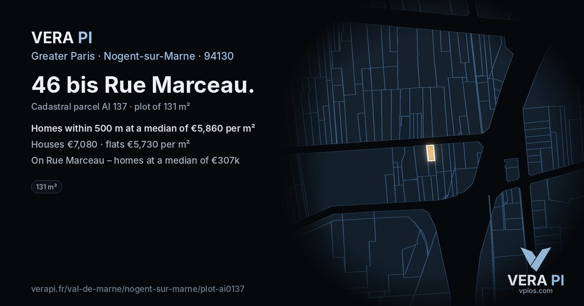 46 bis Rue Marceau, Nogent-sur-Marne at night – the plot lit, the parcels around coloured by the prices near them