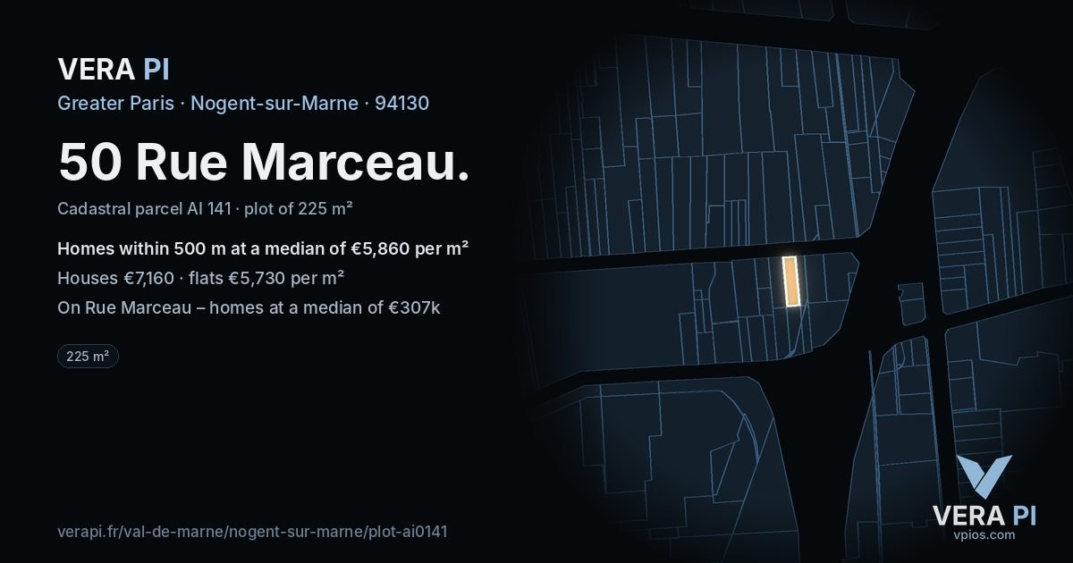 50 Rue Marceau, Nogent-sur-Marne at night – the plot lit, the parcels around coloured by the prices near them