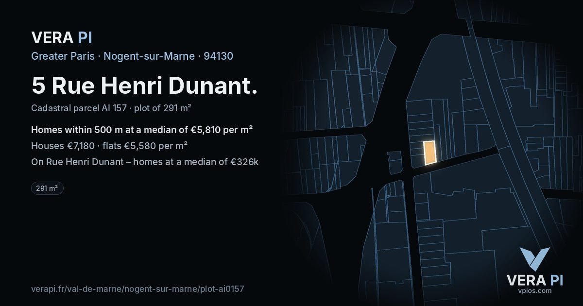 5 Rue Henri Dunant, Nogent-sur-Marne at night – the plot lit, the parcels around coloured by the prices near them