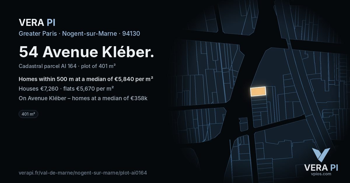 54 Avenue Kléber, Nogent-sur-Marne at night – the plot lit, the parcels around coloured by the prices near them