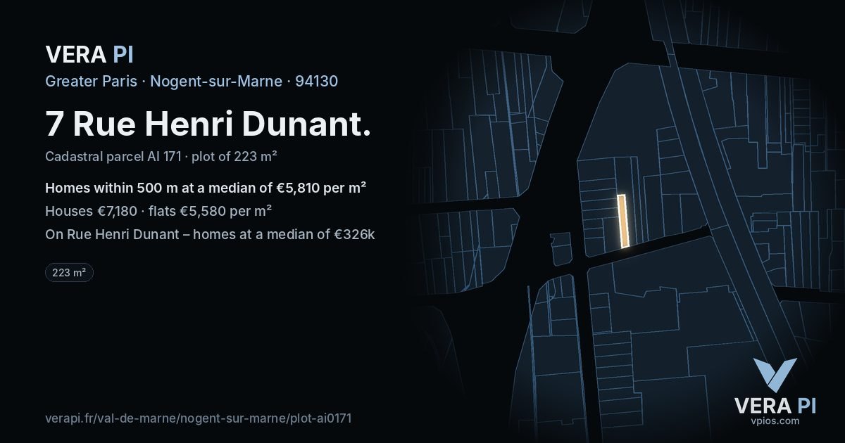 7 Rue Henri Dunant, Nogent-sur-Marne at night – the plot lit, the parcels around coloured by the prices near them