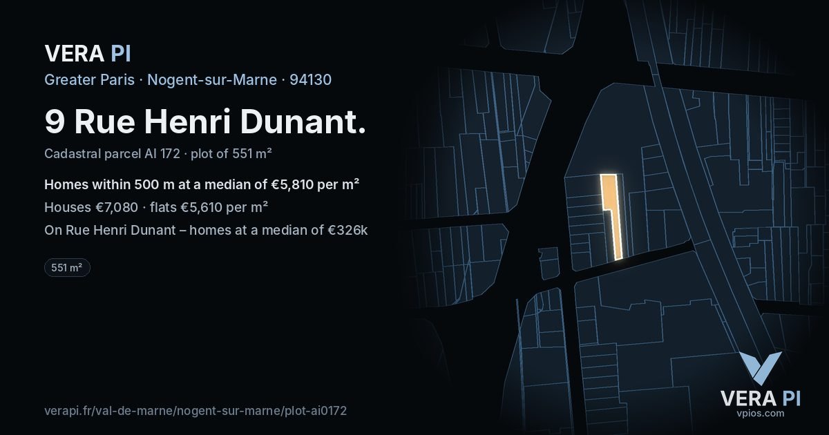 9 Rue Henri Dunant, Nogent-sur-Marne at night – the plot lit, the parcels around coloured by the prices near them