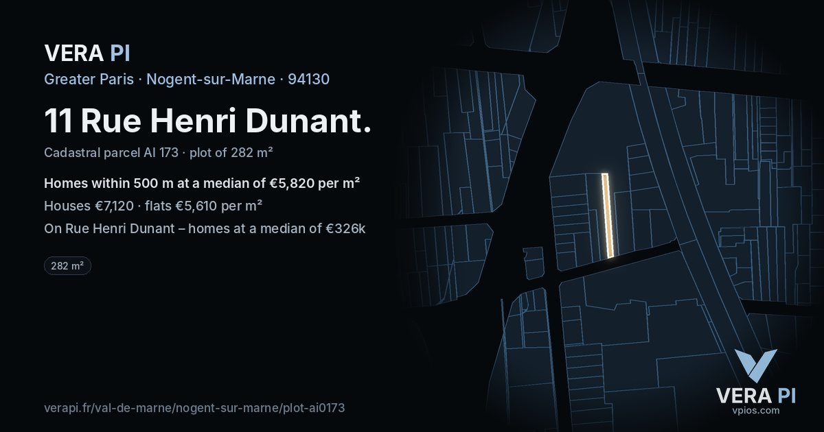 11 Rue Henri Dunant, Nogent-sur-Marne at night – the plot lit, the parcels around coloured by the prices near them