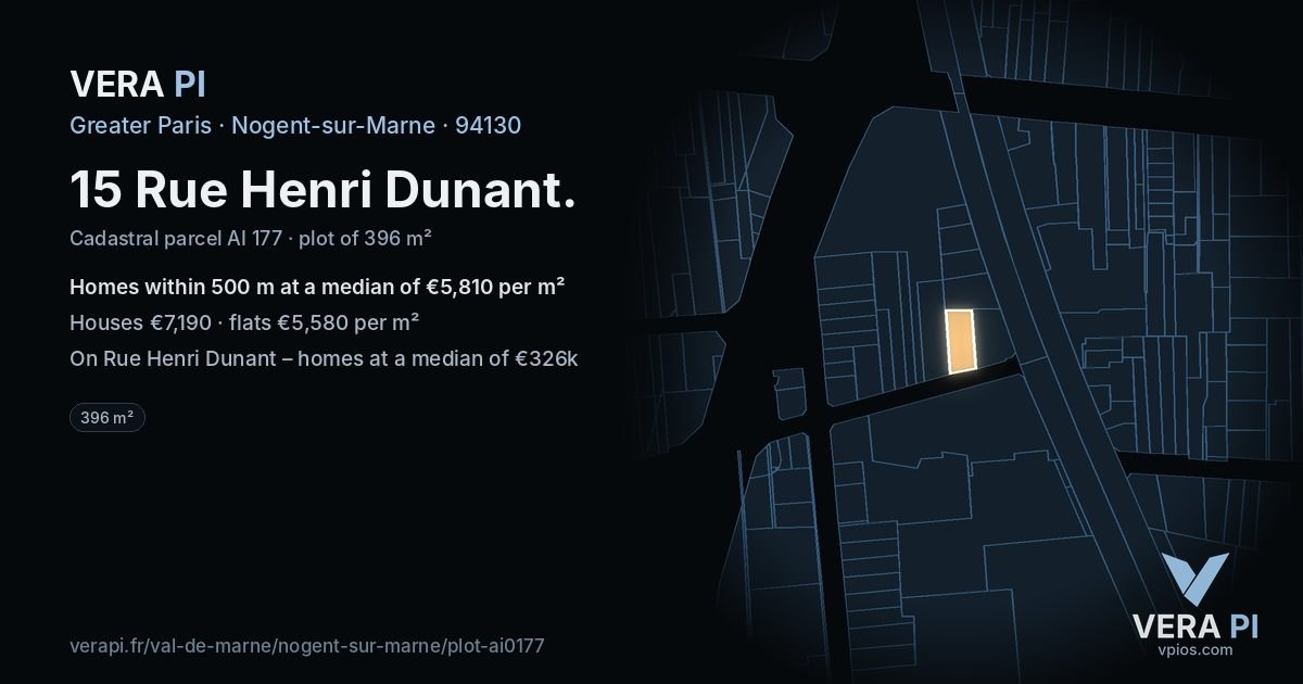15 Rue Henri Dunant, Nogent-sur-Marne at night – the plot lit, the parcels around coloured by the prices near them