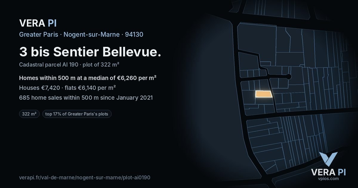 3 bis Sentier Bellevue, Nogent-sur-Marne at night – the plot lit, the parcels around coloured by the prices near them