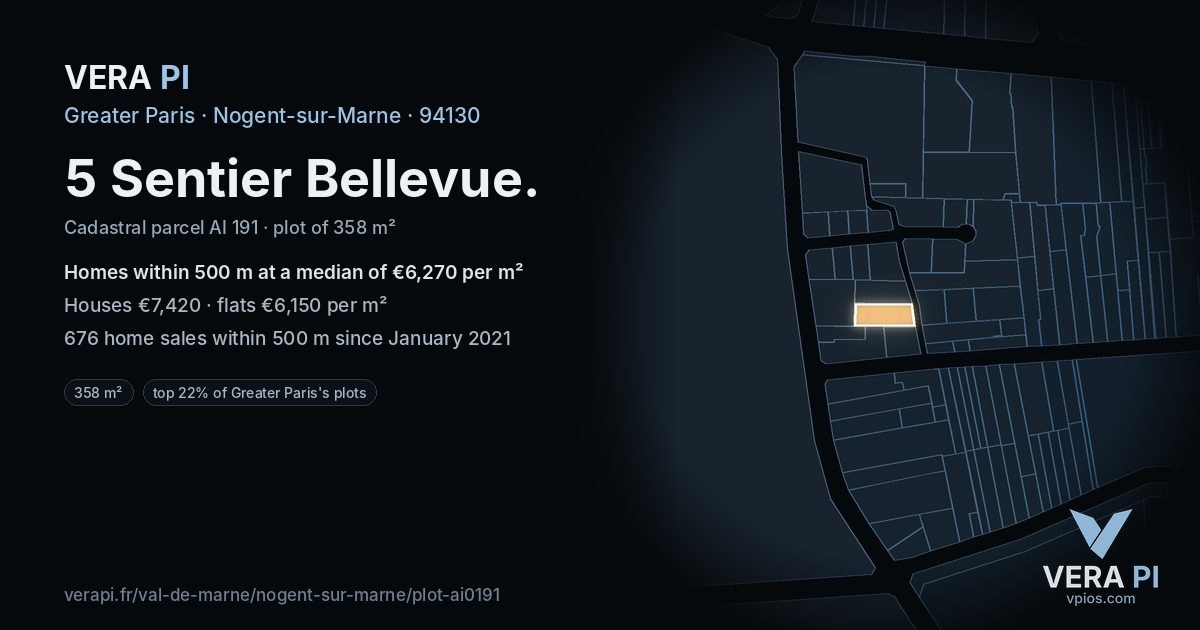 5 Sentier Bellevue, Nogent-sur-Marne at night – the plot lit, the parcels around coloured by the prices near them