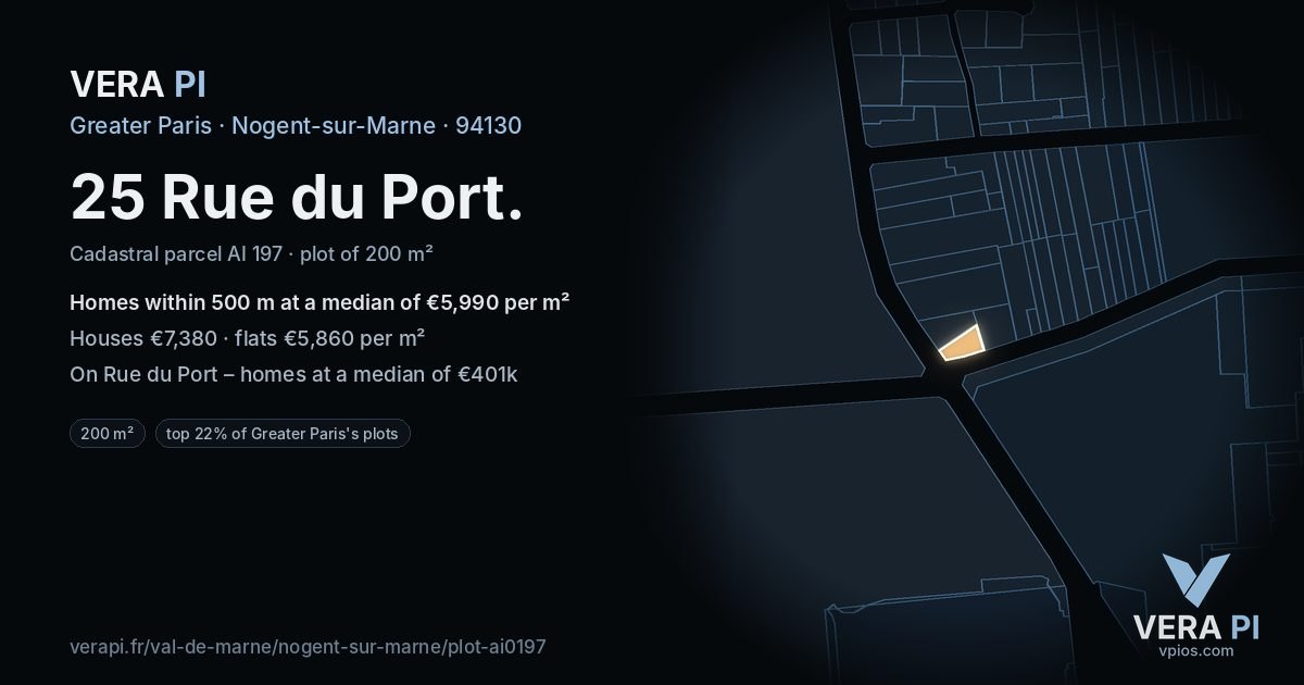 25 Rue du Port, Nogent-sur-Marne at night – the plot lit, the parcels around coloured by the prices near them