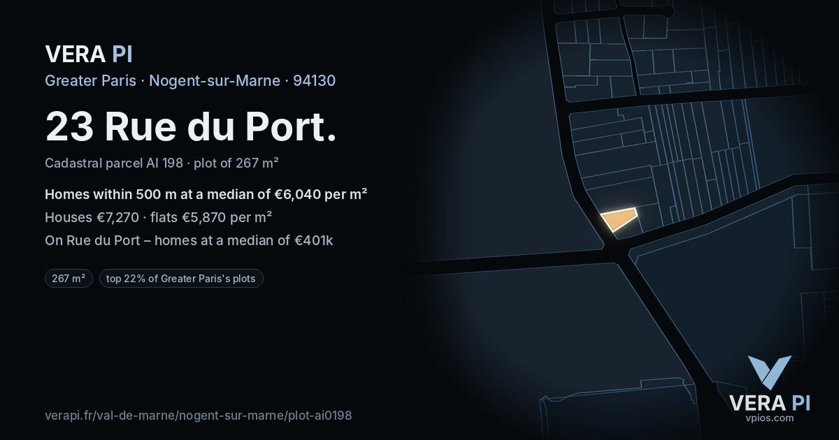 23 Rue du Port, Nogent-sur-Marne at night – the plot lit, the parcels around coloured by the prices near them