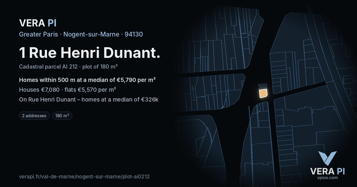 1 Rue Henri Dunant, Nogent-sur-Marne at night – the plot lit, the parcels around coloured by the prices near them
